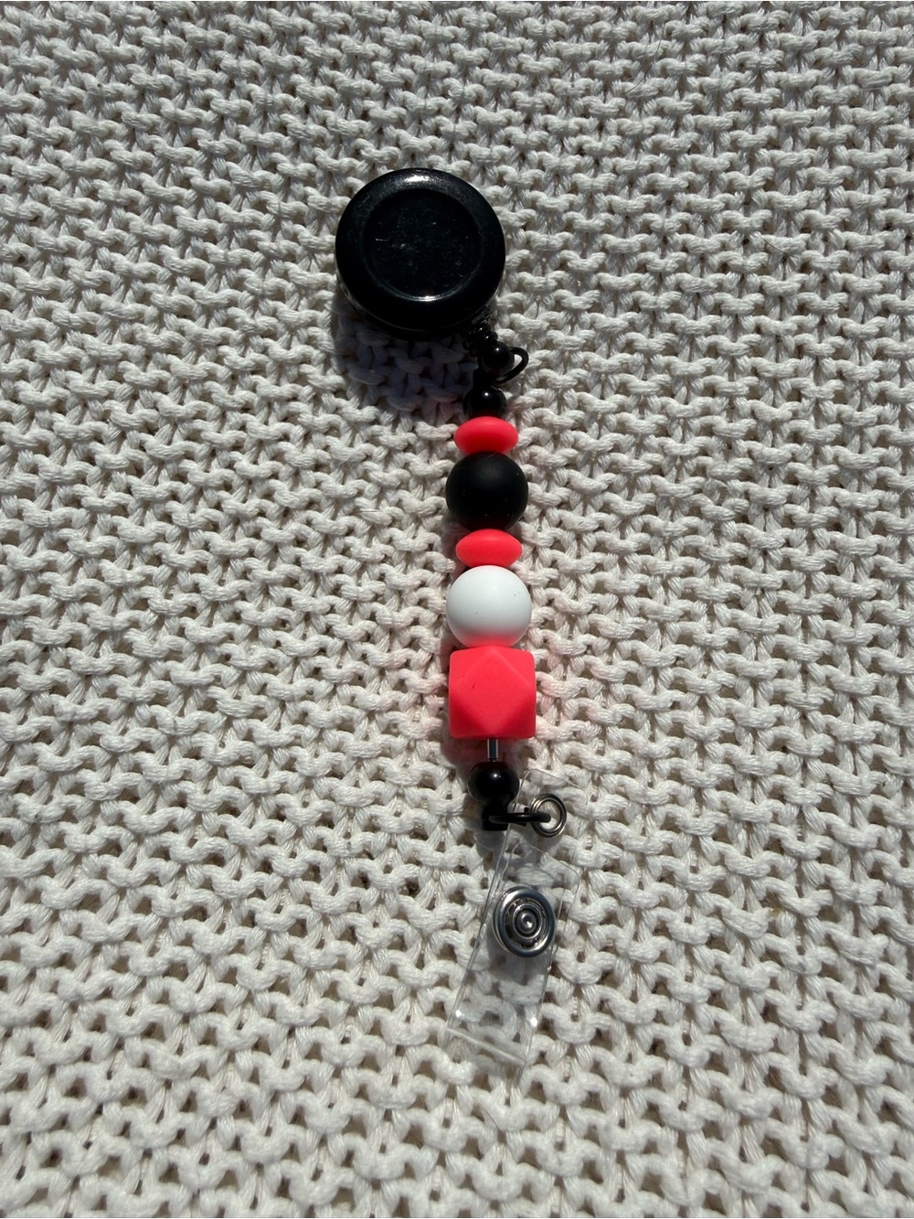 Beaded Badge Reel with Black, White & Neon Pink Beads